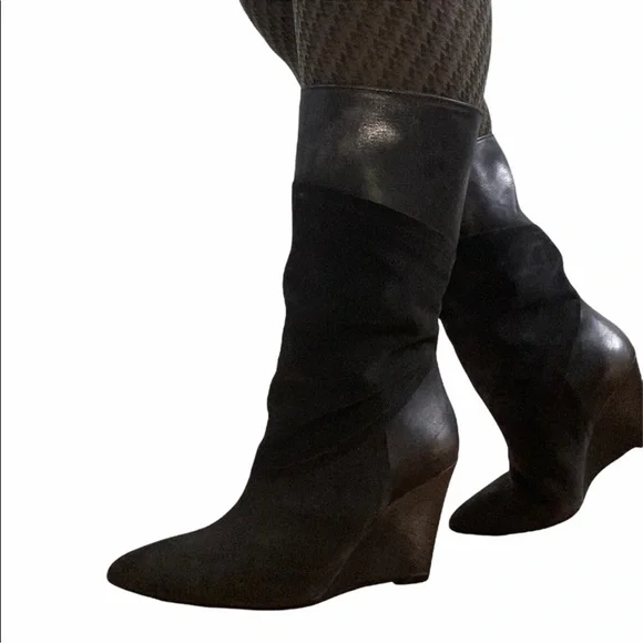 Black Suede Wedge Boots New Leather Black Pointed Toe Retro Style Size 9 - Picture 2 of 12
